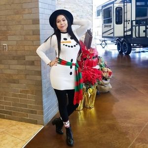 Snowman sweater dress, socks and scarf.